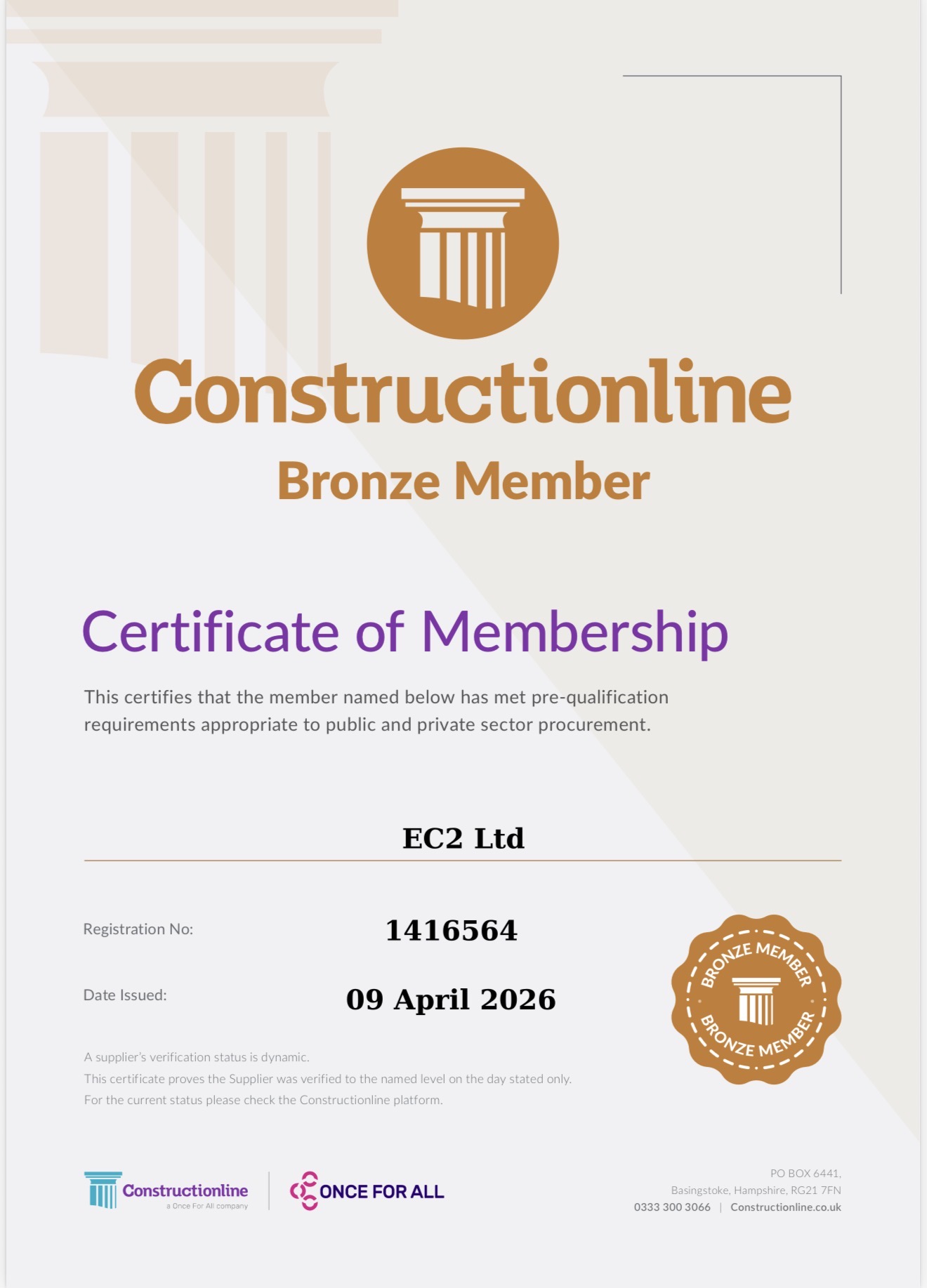 EC2 Ltd Constructionline Bronze Member certificate