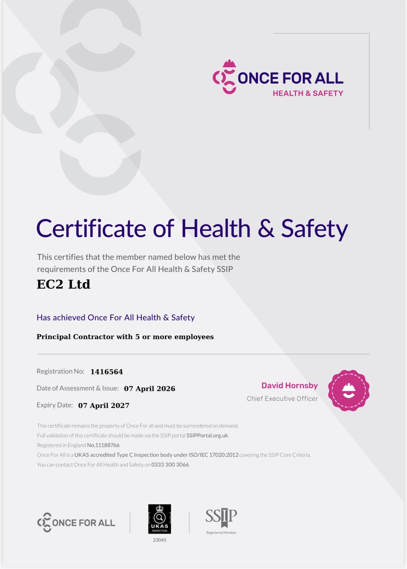 EC2 Ltd Once For All SSIP Health & Safety certificate